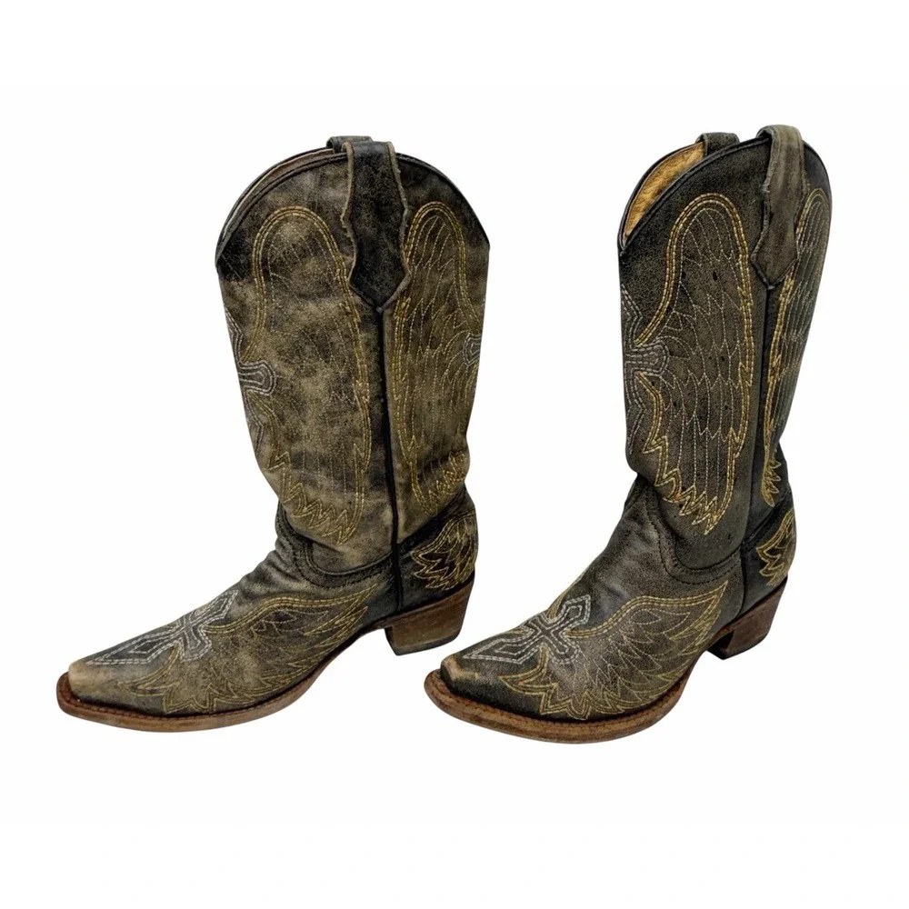 Corral Teen A1029 Youth 2.5T Distressed Black Leather Wings Cross Snip Toe Boots